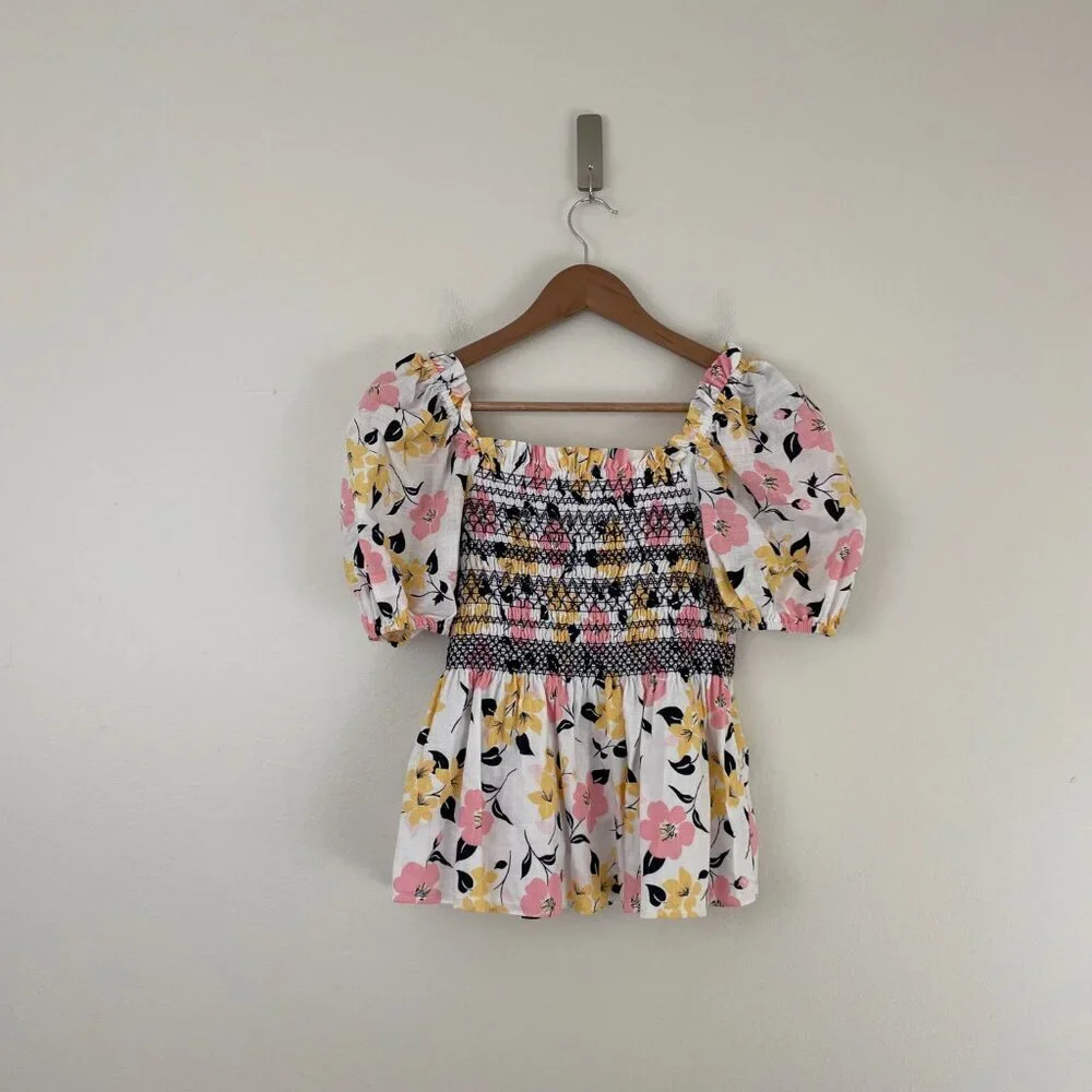 Kate Spade Lily Blooms Floral Puff Sleeve Smocked Top Size Small
